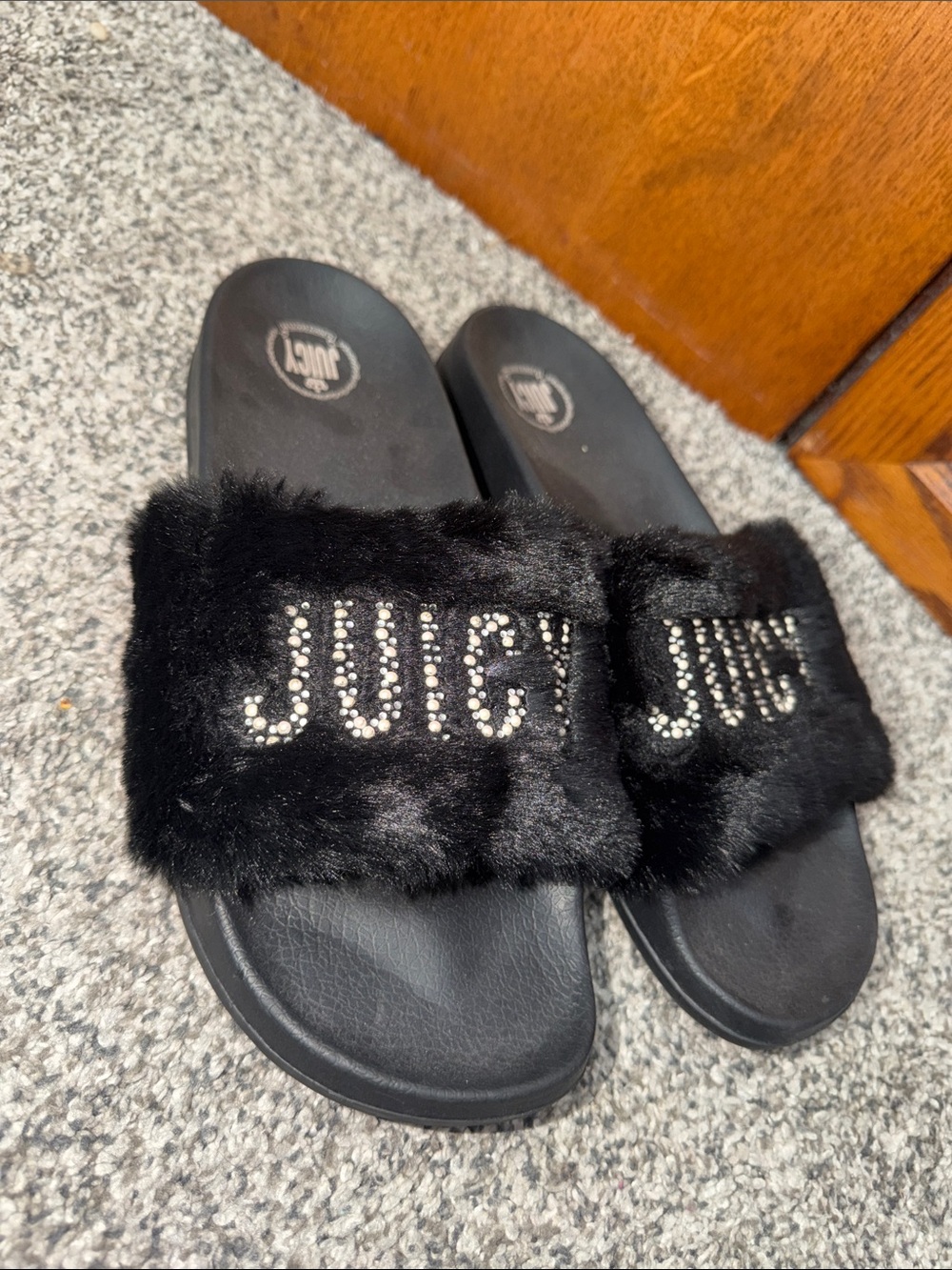 Juicy Couture Black Faux Fur Slide Sandals with Crystal Logo